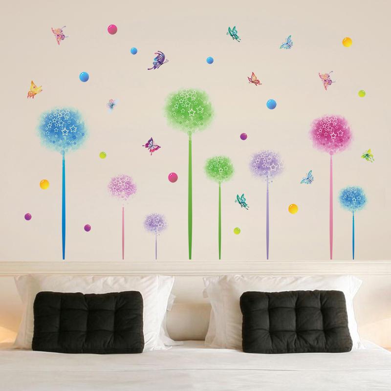 [Wall sticker ]Fantasy Flowers Dandelion Dots Butterfly Wall Stickers For Kids Rooms Kitchen Bathroo