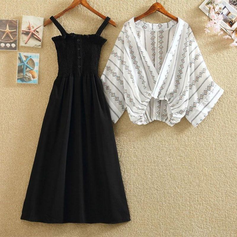 Women Plus Size 2piece Set Summer Deep V-neck Bat Blouse Strap Dress Two-Piece Set