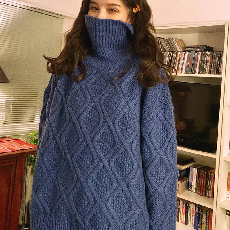 Pofulove Solid Color Thick Turtleneck Sweater Female Students Autumn Winter Lazy Wind Loose Twist Knitted Jacket Pullover