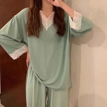 Women's Spring Autumn Long-sleeves Pajamas Set Sexy Lace Edge V-neck Sweet Loose Home Wear Two-piece Suit Solid Color Breathable Sleeping Suit