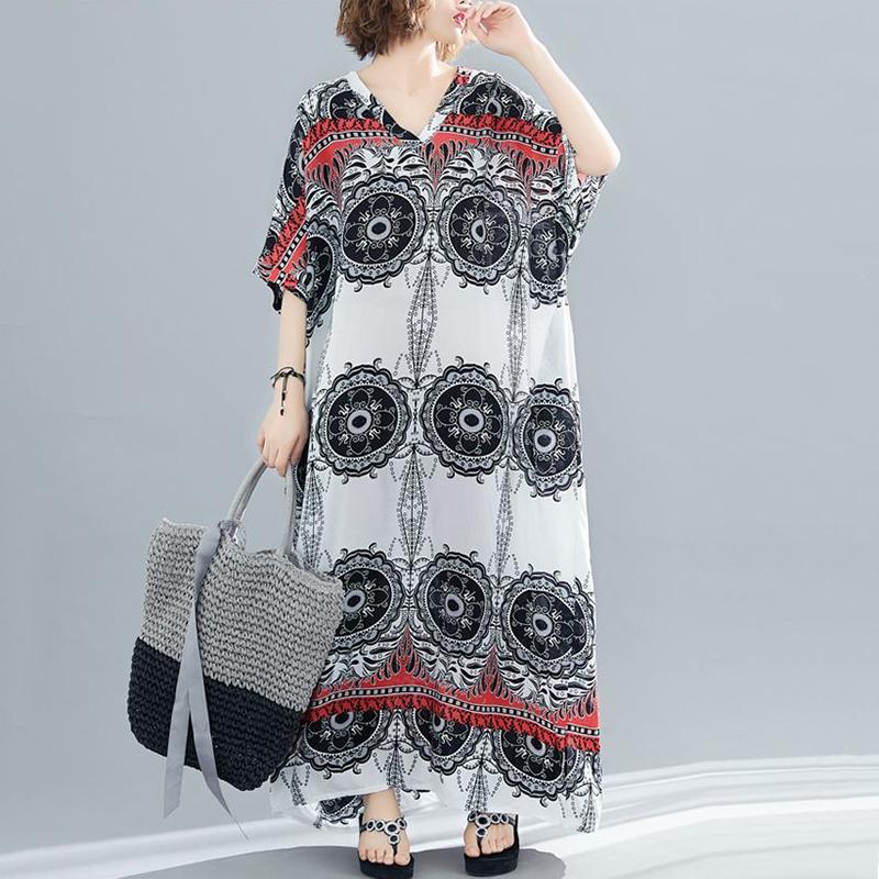 WTEMPO Plus Size Dress Summer V-Neck Long Dress Casual Bohemia Long Robe Full Length Women Dress