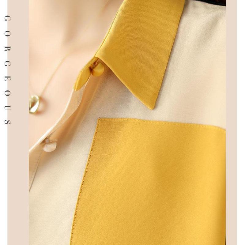 ChiffonTurn-down Collar 3/4 Sleeved Dress Spring and Autumn Large Size Loose Above Knee Length Buttons Color Stitching