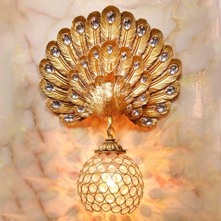 gold Peacock Wall Lamp Study Bedside Living Room Aisle TV Wall Crystal LED Wall Lamp glass shade