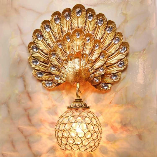 gold Peacock Wall Lamp Study Bedside Living Room Aisle TV Wall Crystal LED Wall Lamp glass shade