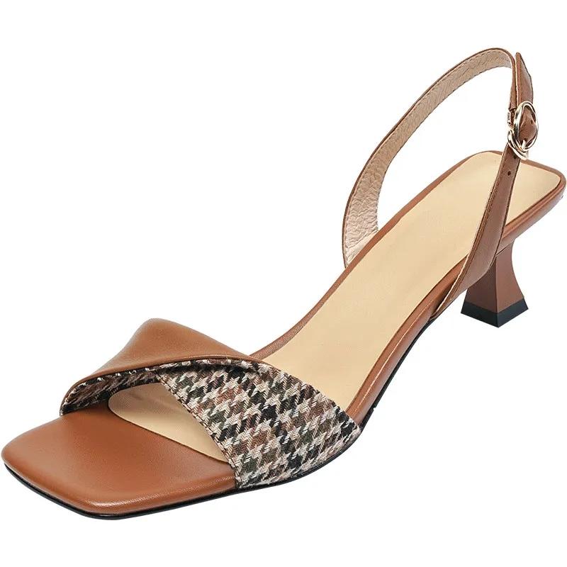 Sandals for Women Summer Mid-heel Square Toe Soft Leather All-match Stiletto Heel French High-heeled Sandal Temperament  Elegant Plaid Sandals