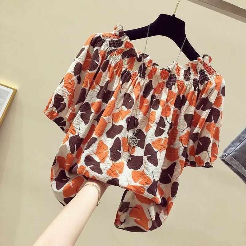 One-shoulder Top Women's Short-sleeved Loose-fitting Belly Slimming Women's Blouse Floral Chiffon Shirt Top Women's Off-shoulder Chiffon Shirt