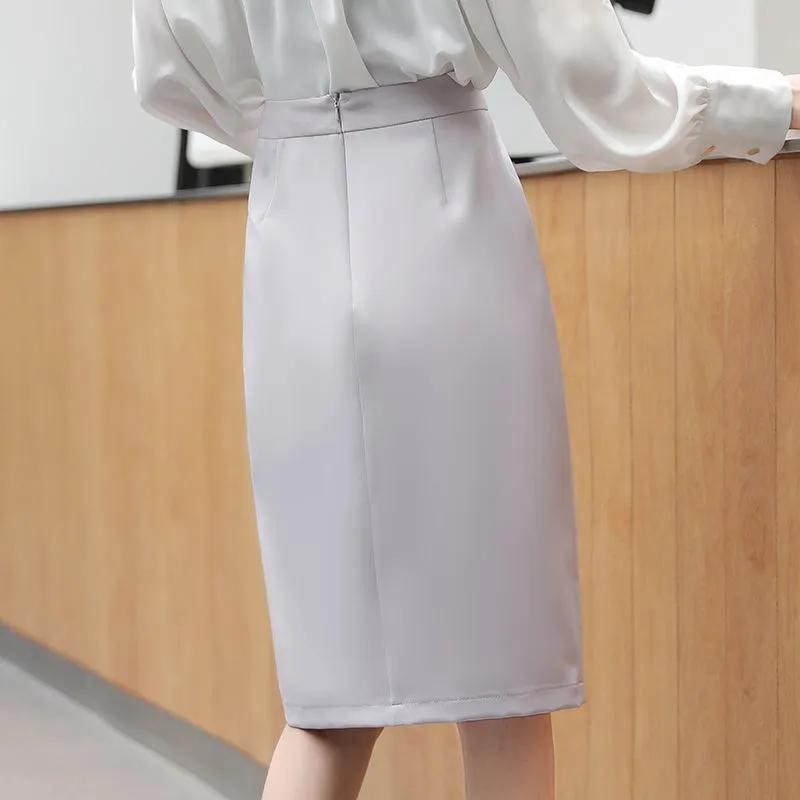Irregular Chiffon Hip Skirt Beaded Button Women's Spring and Summer New High Waist Mid-length Skirt Split Black Professional Office Skirt