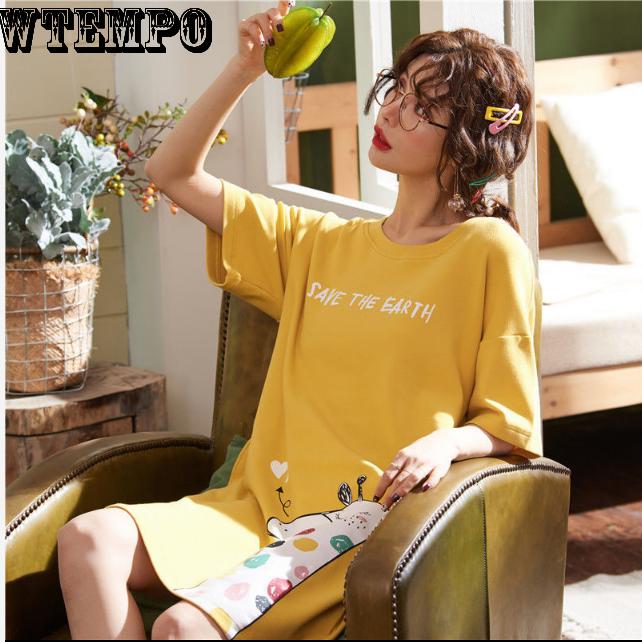 Nightgown Female Summer Cotton Short Sleeve Lovely Nightgown Middle Skirt Summer Cartoon Loose Dress