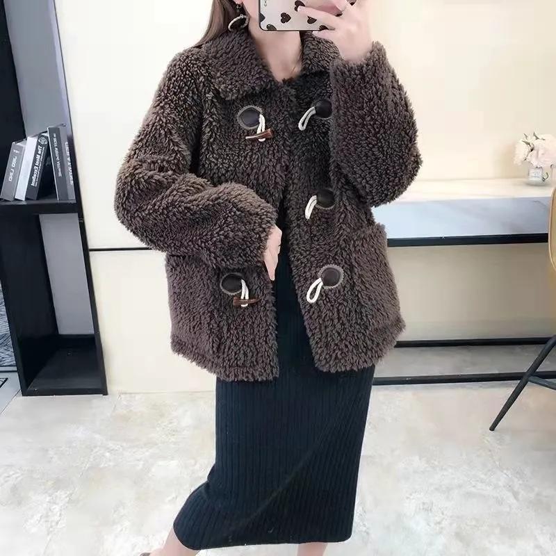 Women's Lamb Wool Coat Horns Buckle Sheared Wool Winter Korean Style Thick Square Collar Not Shed Hair Lapel Casual Loose Grain fleece Jacket Coat
