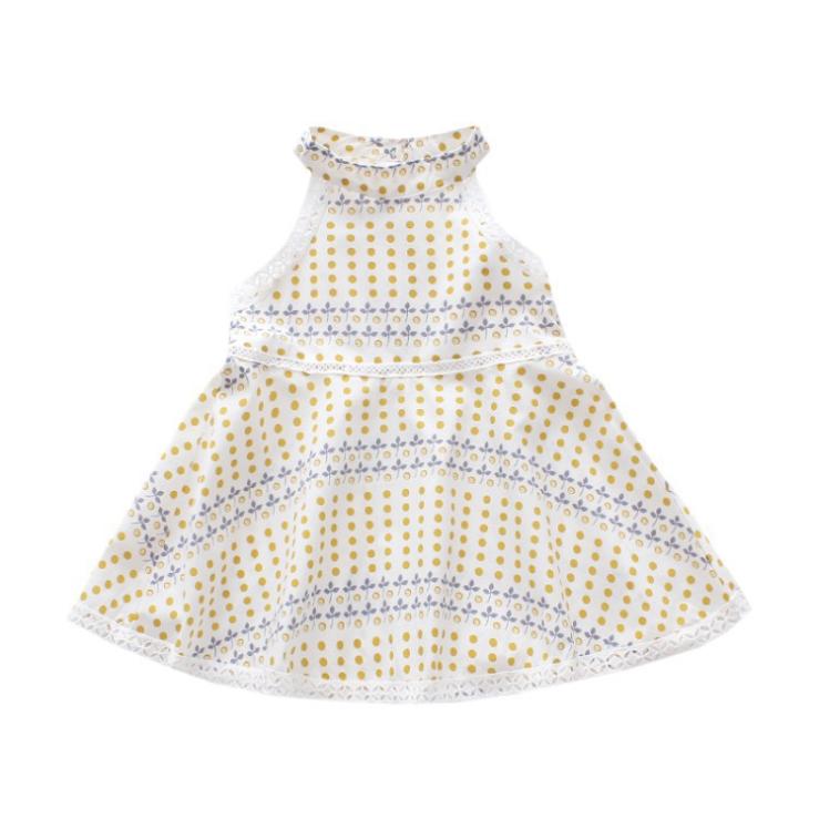 Girls' Summer Korean Style Dot Bohemian Dress Round Neck Sleeveless Dress Lace Cute Baby A-line Skirt