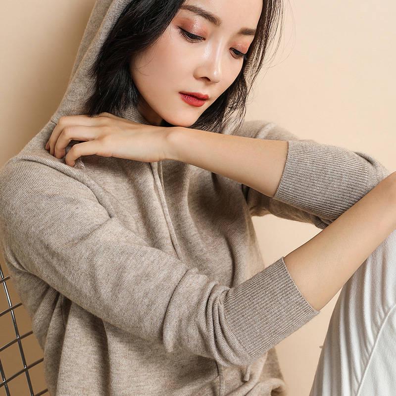 Autumn and Winter New Knit Sweater Women's Head Loose Bottom Solid Color Long-sleeved Hoodie