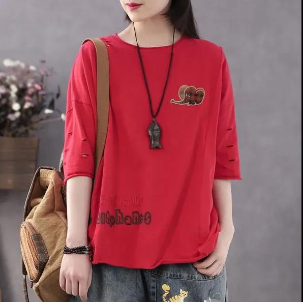 Large Size Short Sleeve Shirt Boutique Thin T-shirt Women Cotton Shirt Elephant Print Casual Pullover