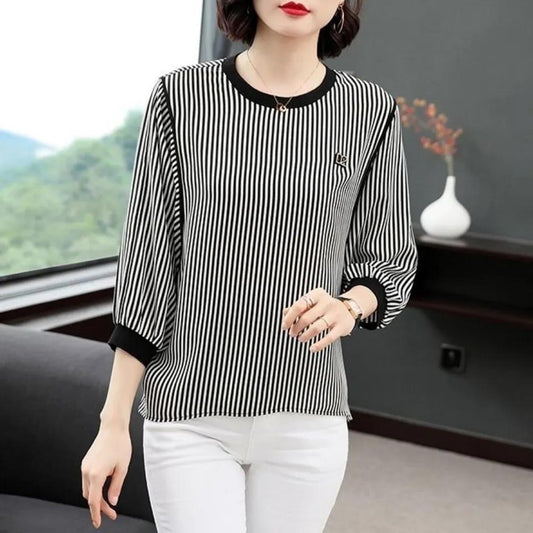 Black and White Striped T-shirt Women's Summer Large Size Loose Korean Version Mid-sleeve Bottoming Shirt