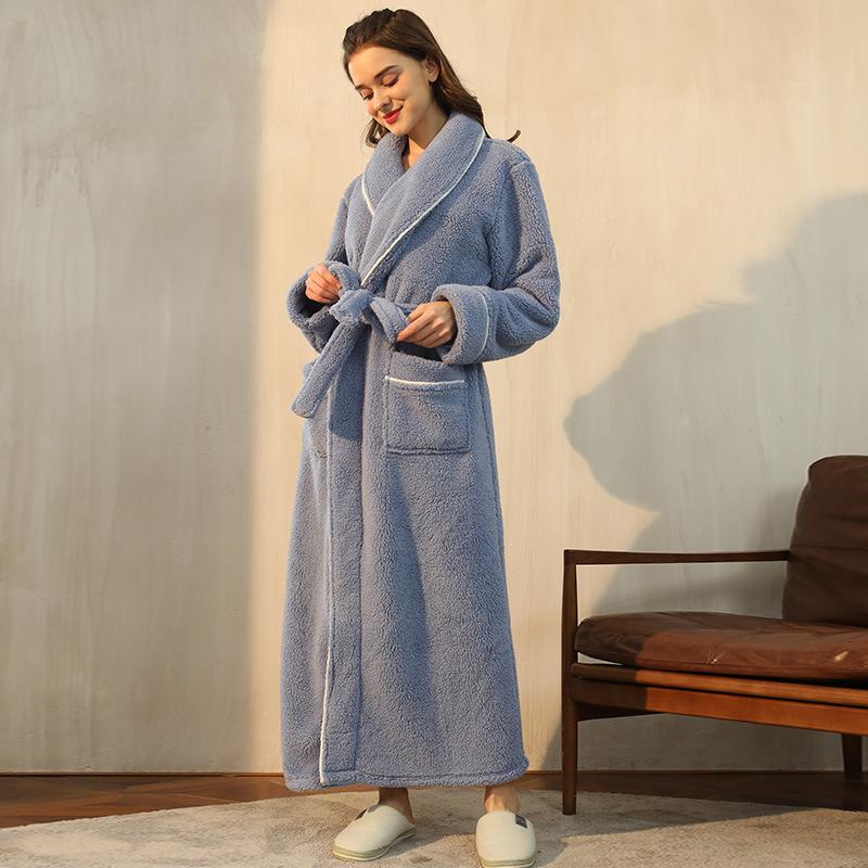 Long Pajamas for Women and Men Autumn Winter Velvet Warm Pyjamas Loose Casual Bathrobe with Belt Solid Color Long Sleeve Home Wear Plus Size Sleepwear
