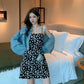 Little Daisy Print Off-shoulder Chiffon Suspender Dress Mid-length Lace-up Slimming Dress A-line Version Waist Slimming Suspender Dress