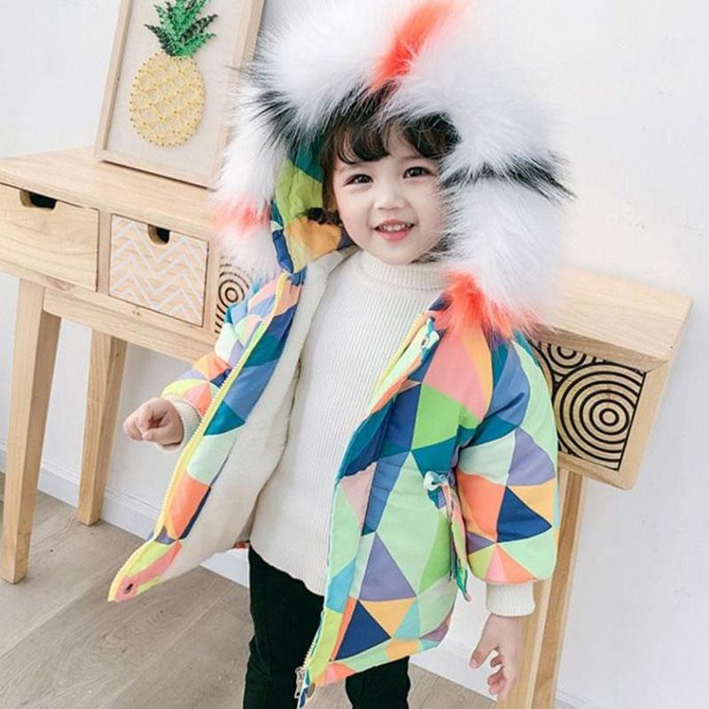 Kids Parkas for Girls Winter Thick Warm Hooded Faux Fur Coat Rhomboid Printed Parka Jacket with Detachable Faux Fur Collar Outwear