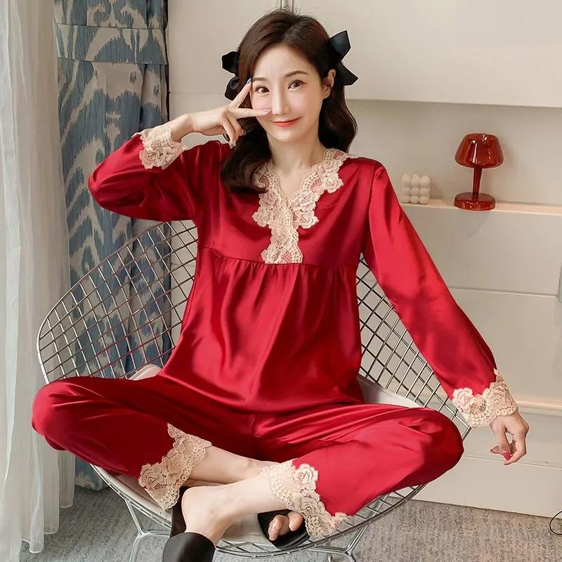 Women's Long Sleeve Silk Polyester Pajamas Spring Autumn Sexy Ladies Ice Silk Thin Lace Homewear Set Loose Breathable Pyjamas Solid Glossy Nightgowns