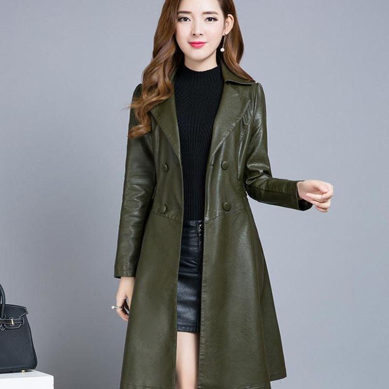 Winter Women's Leather Jacket Fashion Waist Mid-length Leather Jacket Plus Cotton Thicker PU Leather Large Size Leather Jacket