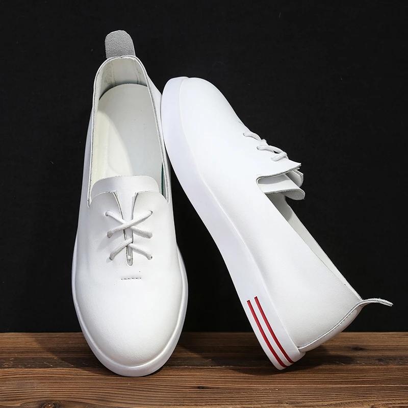 Female Leather White Shoes Spring and Summer Female Students Flat Bottom Shoes Casual Shoes White Shoes Walking Tall Shoes