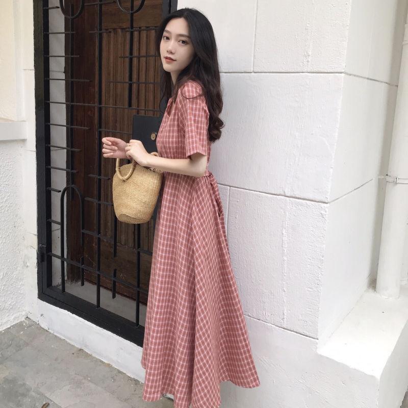 Dress Women Plaid V-neck long Sleeve Loose Fashion Leisure Sweet Korean Style Backless Lace-up Chic Student Ulzzang All-match