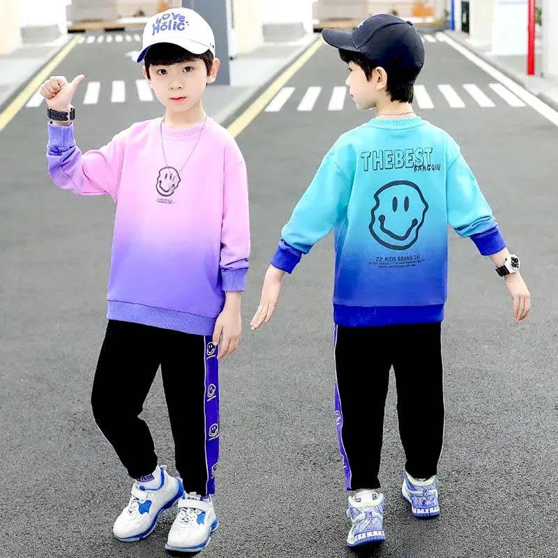 Boys Spring and Autumn Sports Set Long-sleeved Pullover Round Neck Smiley Pattern Printing Gradient Color Sweater Trousers Two-piece Set