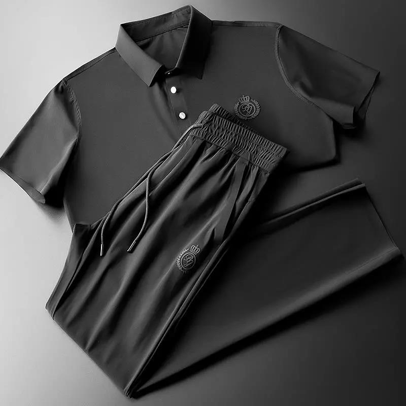 Summer Silky Seamless Ice Silk Middle-aged Business Two-piece Men's Straight Short-sleeved Lapel T-shirt Casual Suit