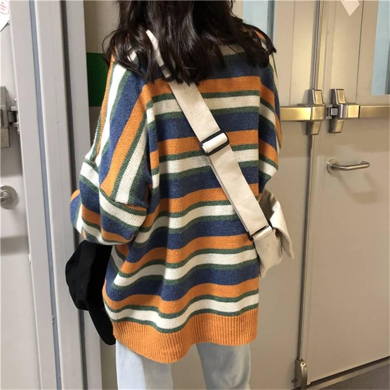 Pofulove Long Contrast Color Striped Sweet Pullover Sweater Sweater Women Sweater Autumn and Winter