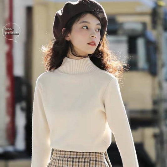 Pofulove Half Turtleneck Pullover Women's Slim Sweater Joker Solid Color Long Sleeve Shirt