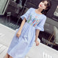 Pofulove Summer long embroidered dress A-line loose button half sleeve dress cotton party dress