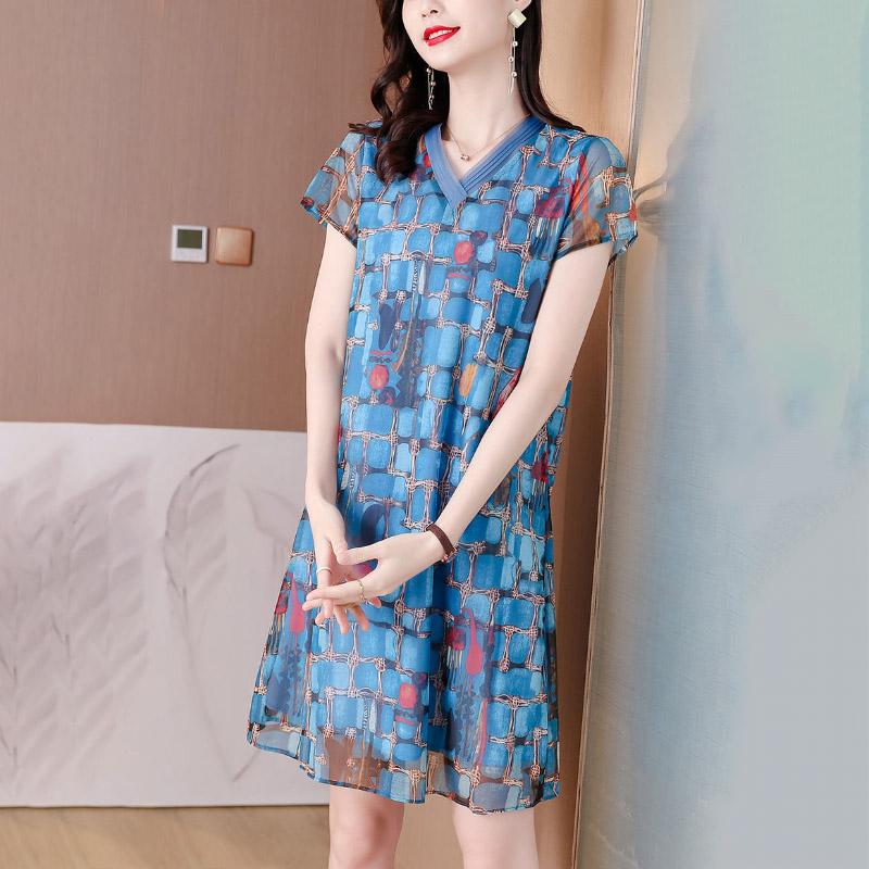 Summer Loose Mid-length Knitted Net Yarn Large Size Slimming Printed Fashion Dress Women