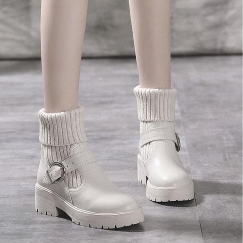 Female Socks Stitching Leather Martin Boots All-match Student Block Heel Ankle Boots British Style Snow Boots Black and White