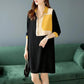 ChiffonTurn-down Collar 3/4 Sleeved Dress Spring and Autumn Large Size Loose Above Knee Length Buttons Color Stitching
