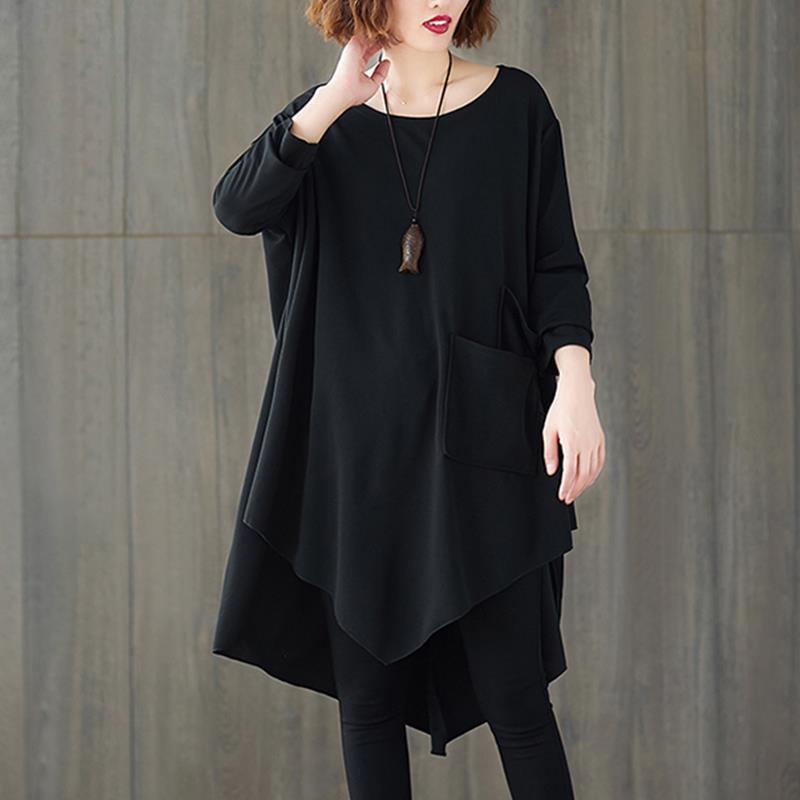 Large Size Women's Dress Loose Cover Belly Black Skirt Round Neck Pocket Jacket