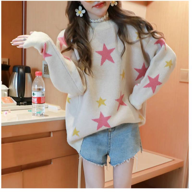 Stars Pattern Knitted Sweater Women's Warm Jacquard Round Neck Loose Pullover Sweater