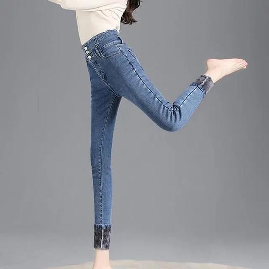 Women's Winter High Waist Plush Jeans Female Large Size Elastic Slim Pants Casual Warm Long Pencil Pants