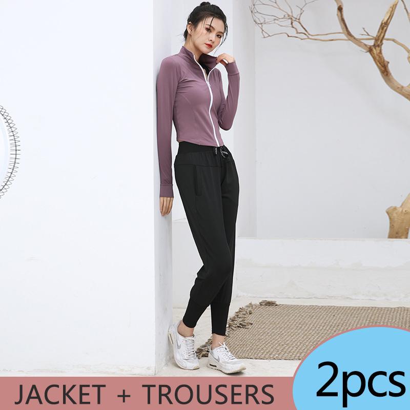 Women's Quick Dry Yoga Clothes Gym Running Sports Suit Short Long Sleeve Cardigan Zipper Top Jacket Loose Wide Leg Pants Suit Fitness Suit