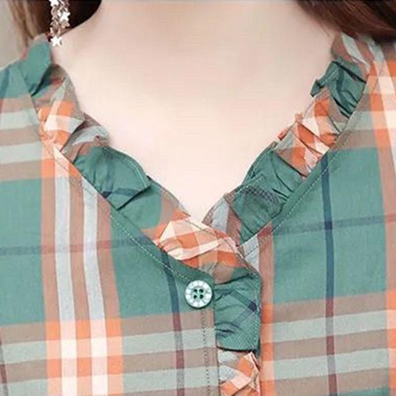 Women's Summer Plaid Dress Large Size Loose V-Neck A-Line Skirt