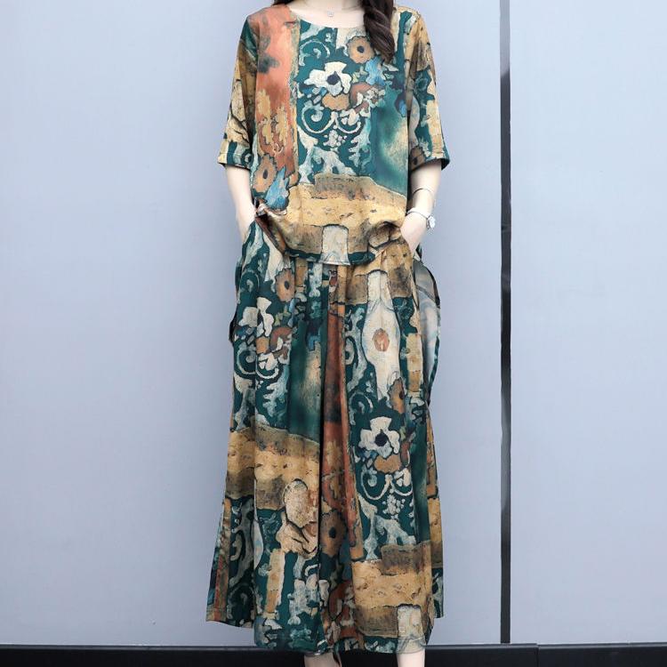 Women Summer Pants Suit Short Sleeve Thin Irregular Tops & Wide Leg Loose Floral Printed Culottes Large Size Two Pieces Casual Suit