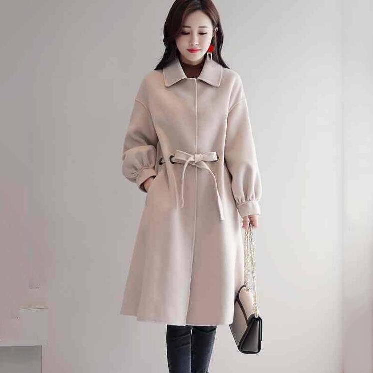 Womens' Winter Wool Long Coat with Woolen Coat Side Pocke Lantern Sleeve Long Jacket Trench Coat
