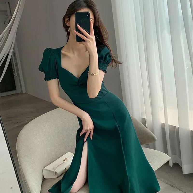Women's Summer Solid Color Skirt Puff Sleeve Dress Square Collar Midi Skirt