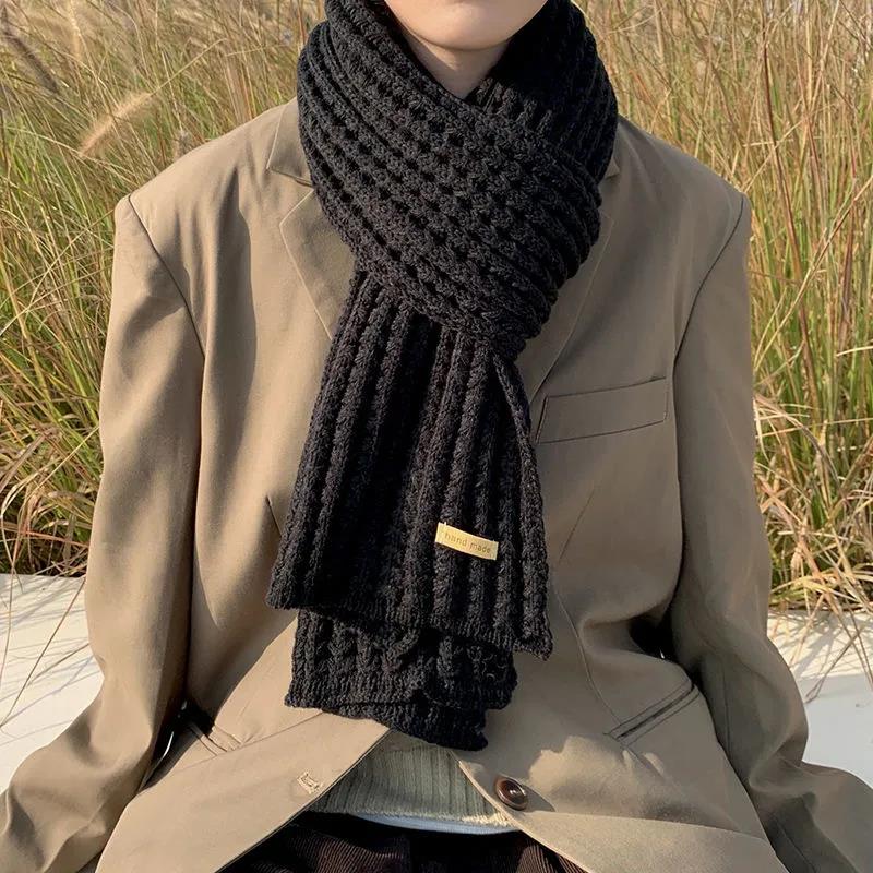 Knitted Scarf Men's Pure Color Wool Scarf Thick Warm Long Knitted Scarf Bib