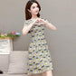 Women's Summer Print Mid-Length Dress Large Size Loose V-Neck A-Line Skirt