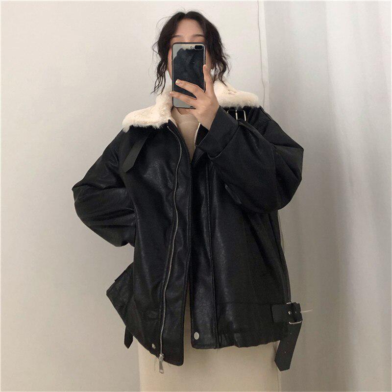 Women's Thick Loose Motorcycle Clothing Fur Collar Leather Women's Fashion Casual Thick Coat