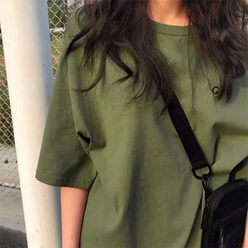 Letter Pattern Embroidery T-Shirt Solid Cotton Simple Breathable Tee Female Casual Short Sleeves Hipster  Summer Tops