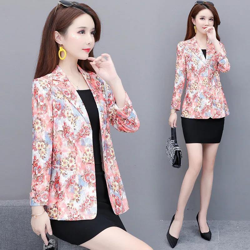Printed Pink Small Suit Jacket Women's Spring and Autumn Suit Short Slim Fit Thin Top