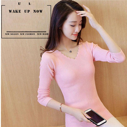 Autumn and Winter All-match Bottoming Shirt V-neck Slim Solid Color Top Long-sleeved Short Female Sweater