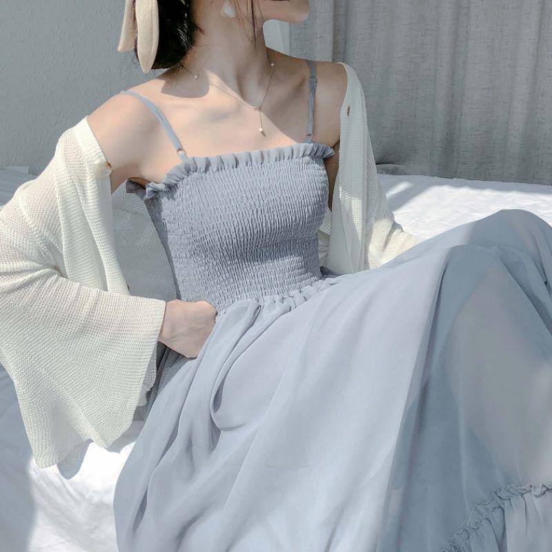 Summer Chiffon Spaghetti Strap Dress Women Sexy A-line Strapless Dress Beach Party Dress