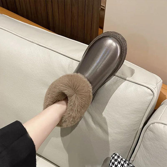 Snow Boots Women's Fur One-piece Waterproof Winter Plus Velvet Thickening Short Tube One Pedal Cotton Shoes
