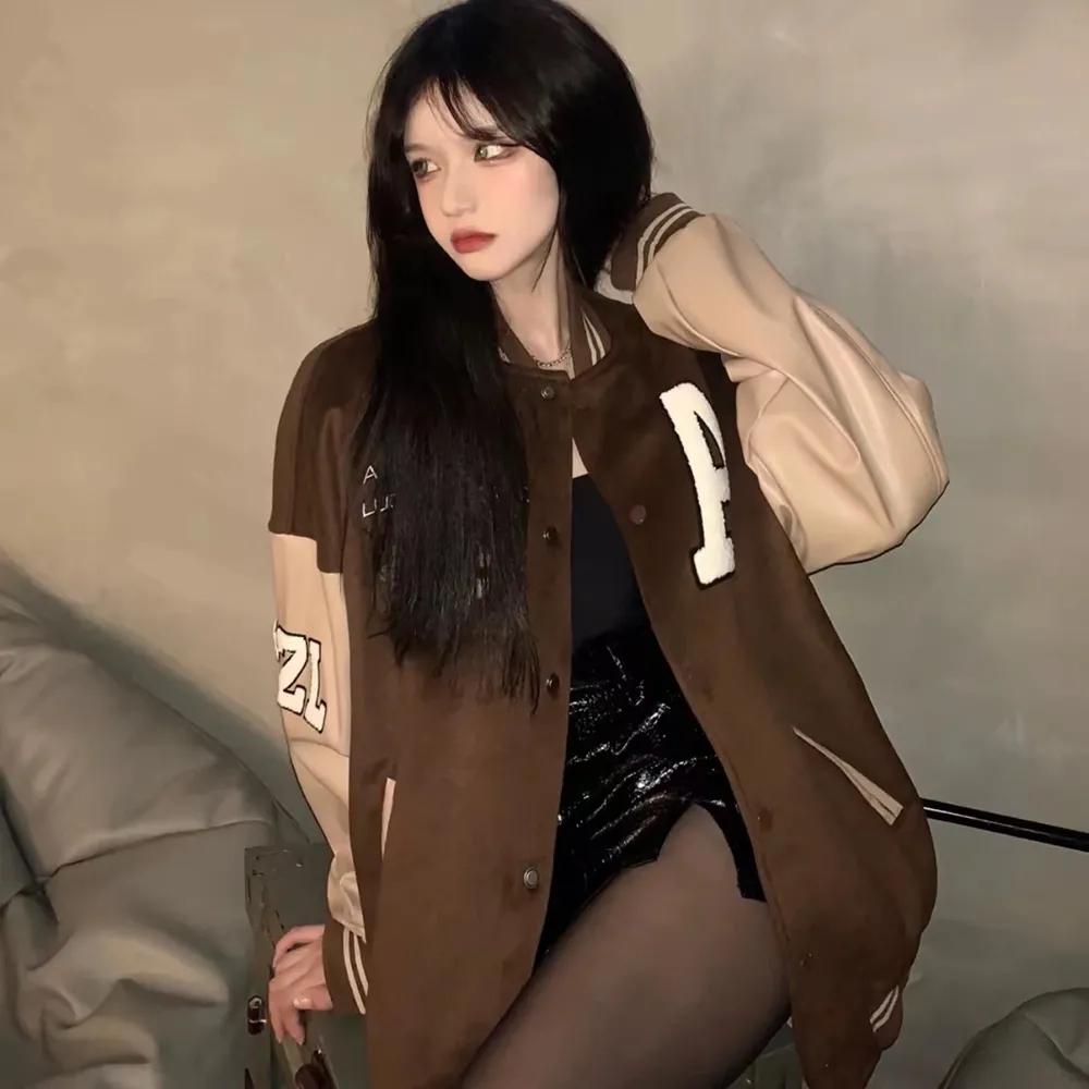 Women's Retro Baseball Uniform Autumn and Winter Loose All-match Vintage Stitching PU Leather Sleeve Jacket Jacket Ins Zipper Cardigan Student Jacket