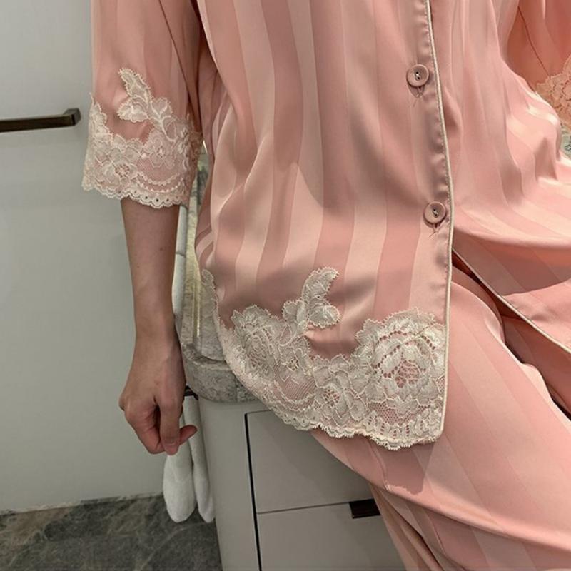Women's Spring Autumn Long-sleeved Pajamas Set Sexy Lace V Neck Ice Silk Jacquard Striped Homewear Loose Comfortable Sleeping Suit Two-piece Set